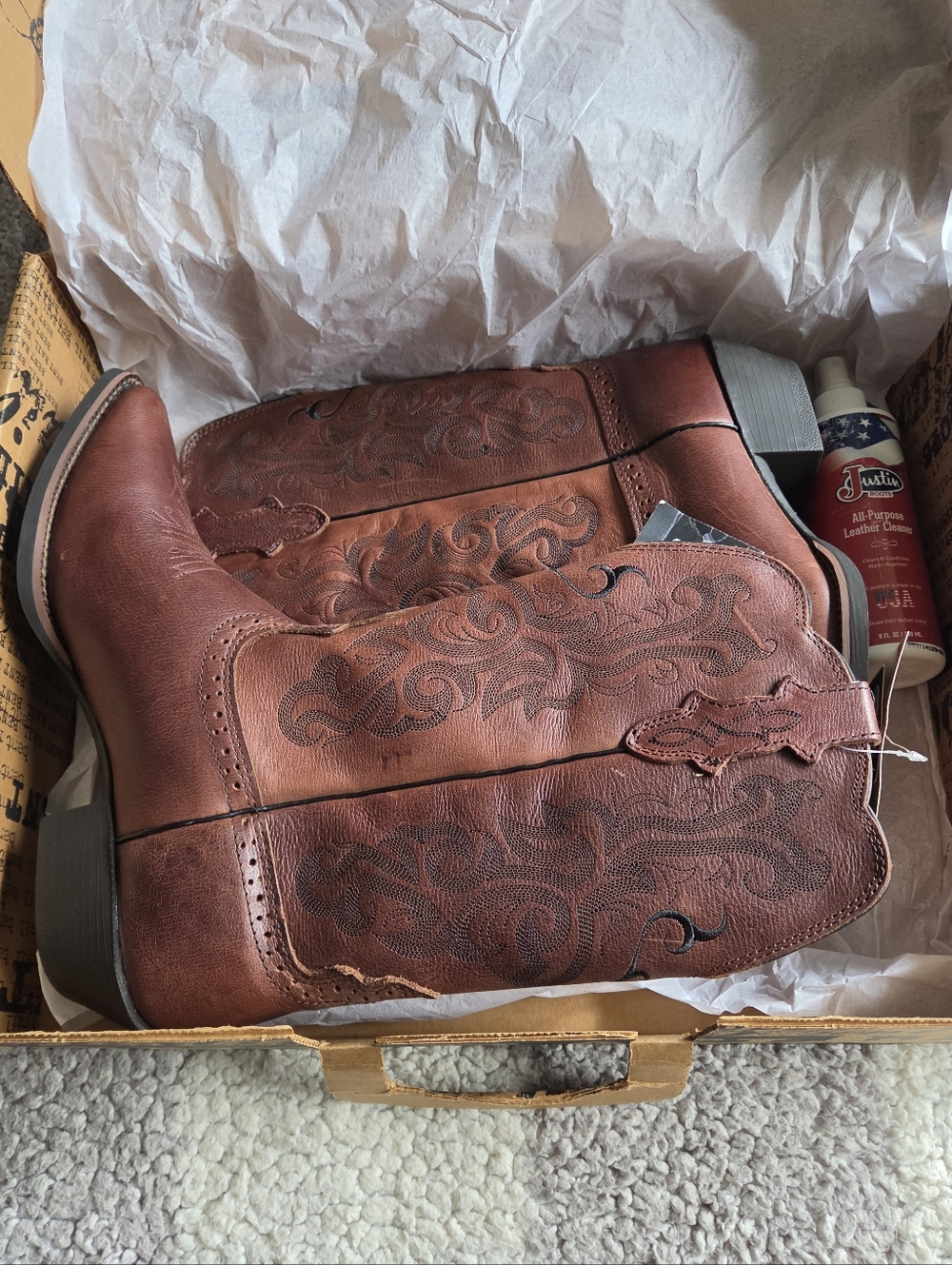 Justin Women’s Western Boots BR350 Cognac Leather Embroidered NEW Sz 9D